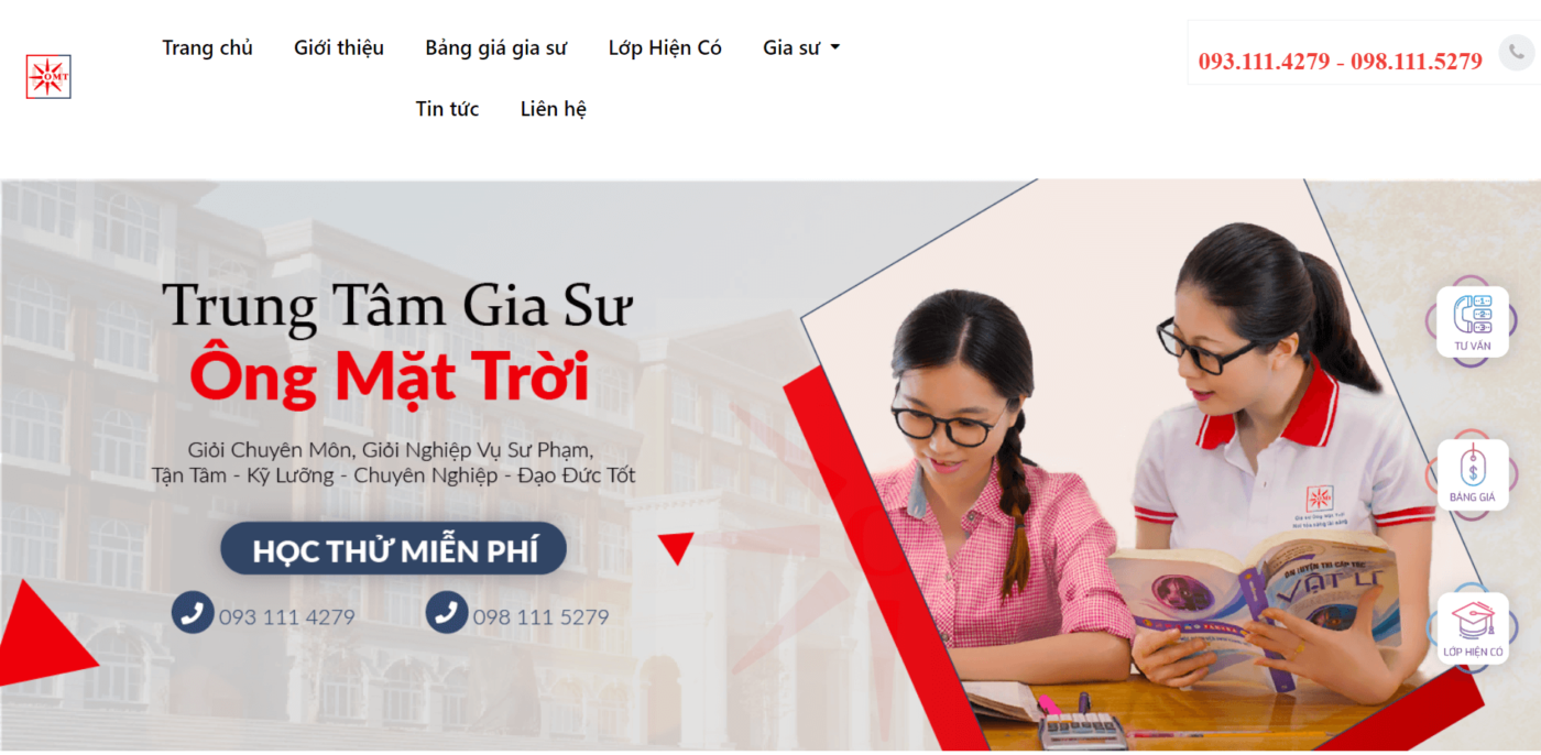 Mẫu giao diện web gia sư Ông Mặt Trời